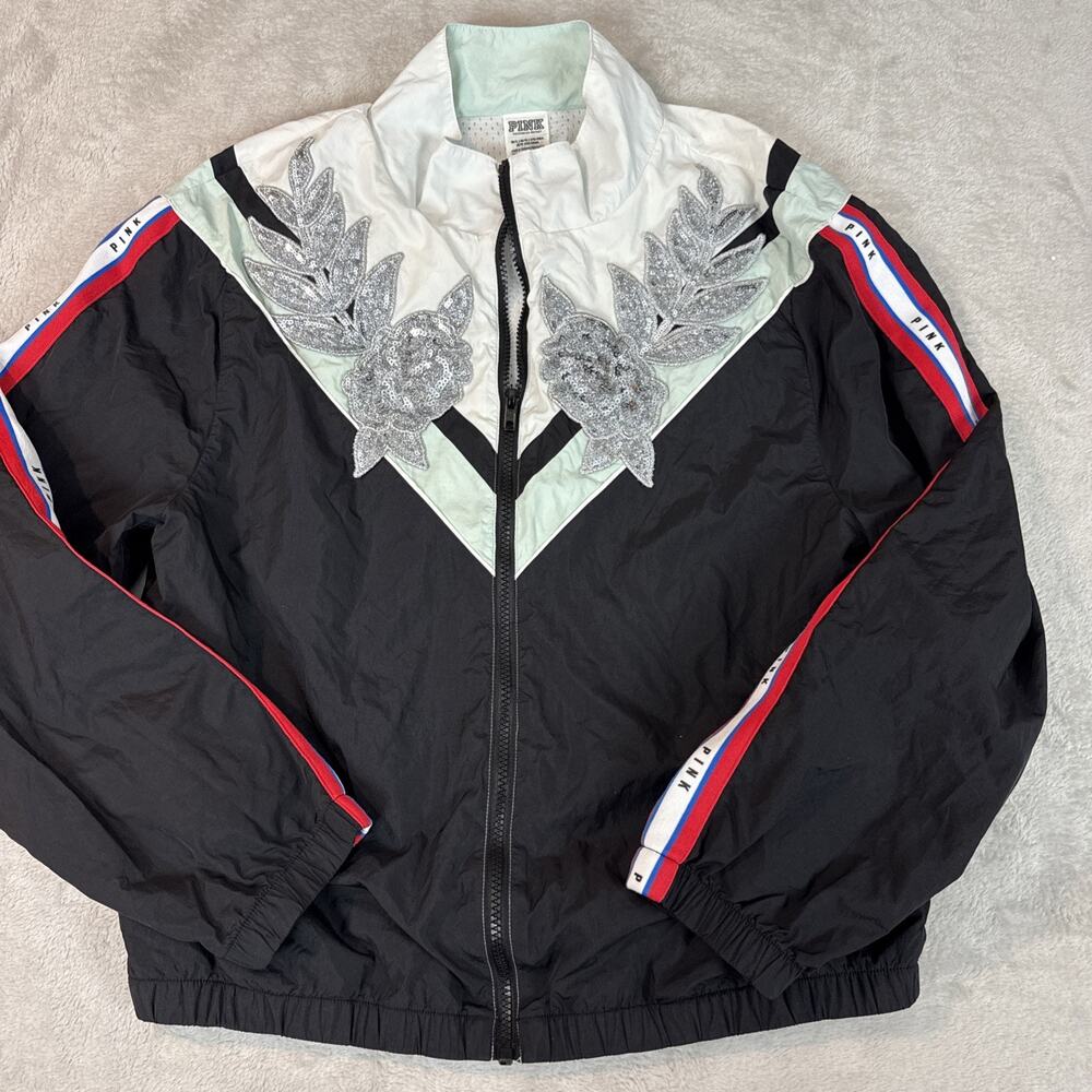 Victoria's Secret Pink Bling Roses Sporty Grunge Anorak Jacket Mint M/L EUC